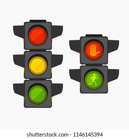 Cartoon Traffic Light Different Types Set Safety or Warning Concept Element Flat Design Style. Vector illustration of Stoplight