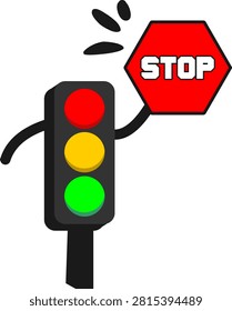 Cartoon Traffic Light Holding Stop Sign for Road Safety Awareness