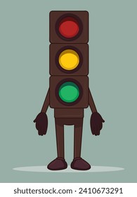 Cartoon traffic light. Red, yellow, green lights. Vector illustration. Flat style control object illustration of traffic on the road