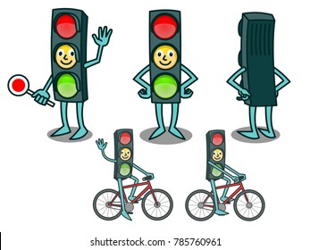 Cartoon traffic light with smiling face standing, waving hand and riding bike