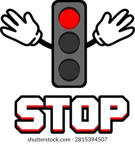 Cartoon Traffic Light with Stop Message and Safety Hand Gesture