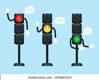 Cartoon traffic lights. Safety signals for kids on intersection of streets, urban safety with semaphores for driving transport, vector illustration control objects of traffic on road