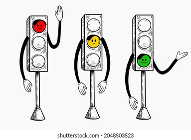 Cartoon traffic lights. Vector outline illustration