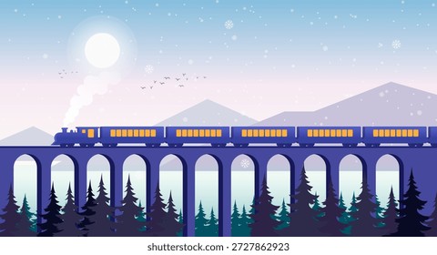 Cartoon Train with Bridge Background Vector, Sunrise Background, Train Running, flat, Vector Landscape Background, Illustration 
