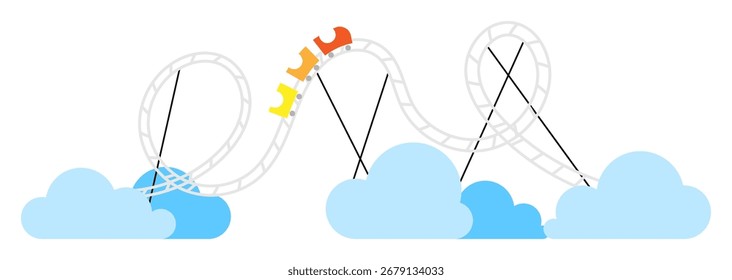 Cartoon trem com carrinhos e carruagens anda acima das nuvens sobre os trilhos de uma montanha-russa em um parque de diversões. Vetor de desenho animado simples isolado no fundo branco
