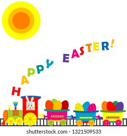 Cartoon train with colored eggs, greeting card