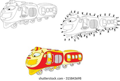 Cartoon train. Coloring and dot to dot educational game for kids. Vector illustration