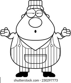 A cartoon train conductor looking confused.
