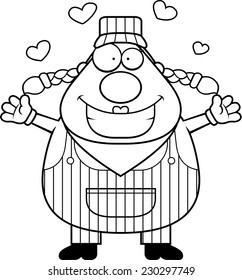 A cartoon train conductor ready to give a hug.