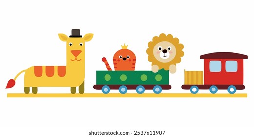 Tren de la historieta con el león del conductor y el rinoceronte y la jirafa; ilustración del dibujo de la mano de la acuarela. Ilustración vectorial aislada en el fondo blanco.