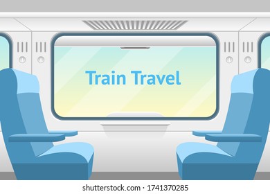 Cartoon Train Inside Interior Card Ad Comfortable Voyage Concept Element Flat Design Style. Vector Illustration