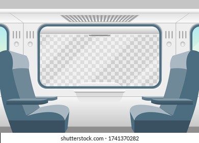 Cartoon Train Inside Interior And Window Empty Comfortable Voyage Concept Element Flat Design Style. Vector Illustration