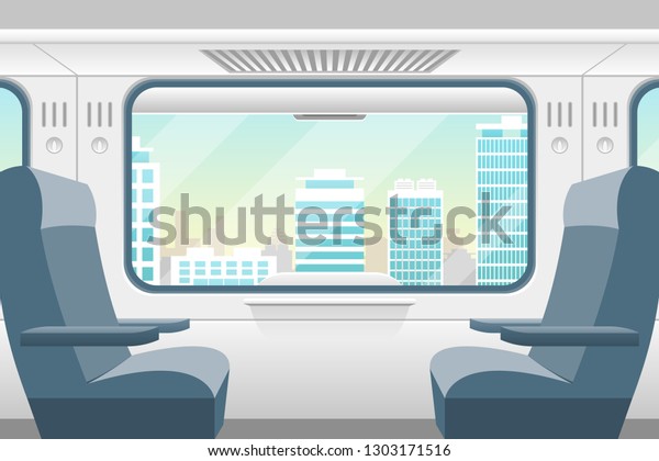 Cartoon Train Inside Interior and Window\
View Landscape Comfortable Voyage Concept Element Flat Design\
Style. Vector\
illustration