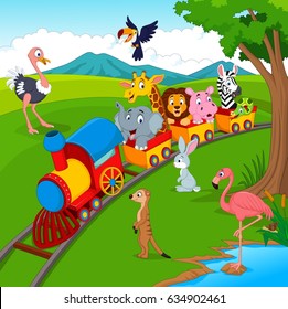 Cartoon train on railroad with wild animals
