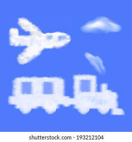 cartoon train and plane shaped cloud in the blue sky. Travel. Vector