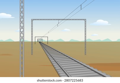 Cartoon Train Track Background Vector, Empty Train Track Illustration, Landscape, Railroad, Cartoon Background Illustration