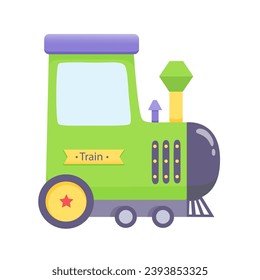 Cartoon train vector illustration. Cute children green locomotive toy isolated on white background. Colorful railway transport. Fast delivery service, courier delivery. Funny holidays, vacation, trip.