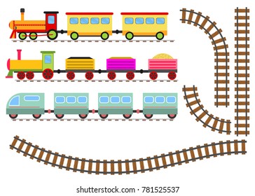 Cartoon train with wagons and railway. The toy train goes by rail. Flat design, vector illustration, vector.