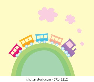 Cartoon train. Wonderful train is going through pastel country. Vector Illustration.