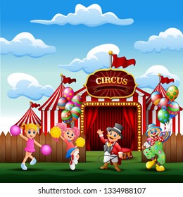 Cartoon trainer, clown with a cheerleaders on the circus entrance