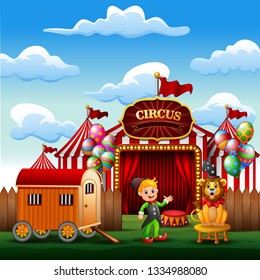 Cartoon trainer with a lion on the circus entrance