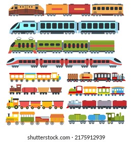 Cartoon trains. Kids toys train with wagons, childrens railway vector Illustration set. Bright locomotives of different shape, speed underground public transport. Funny colorful vehicle models