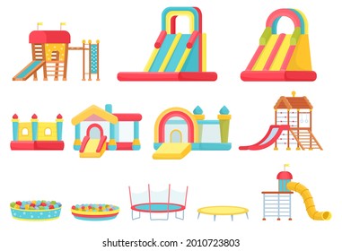 Cartoon trampolines. Children play room elements, inflatable castles and slides, game house and soft ball pool. Indoor playground vector set. Illustration park entertainment with trampoline