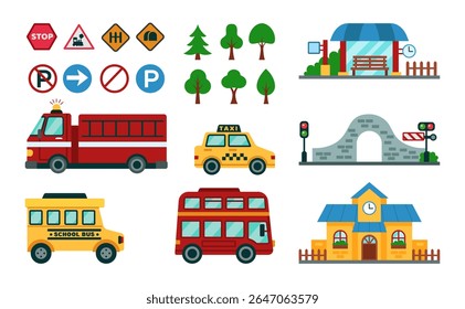 Cartoon transport. Children rules on road. Cute trains and cars. Firefighter truck. Kids travel. Toy vehicles. School bus. Colorful railway wagons. Tree and traffic sign. Vector illustration tidy set