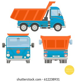 Cartoon transport. Dump truck vector illustration. View from side, back, front.