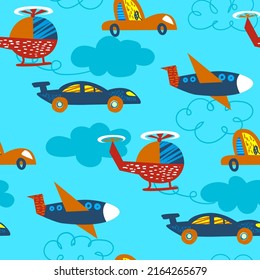 Cartoon transport seamless pattern for kids. Car and airplane endless ornament. Transportation repeat print