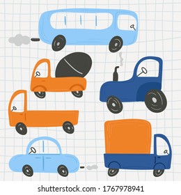 Cartoon transport set. ars and truck, bus and concrete mixer chidish collection of hand dawn vehicle. Nursery art design, for printing on baby clothes and textiles, home decor, vector illustration