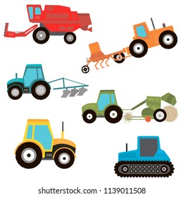 Cartoon transport set. Bulldozer, dumper, caterpillar, harvester, hay. Vector illustration
