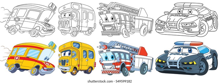 Cartoon transport set. Collection of vehicles. Ambulance, school bus, fire truck, police car. Coloring book pages for kids.