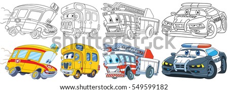 Cartoon transport set. Collection of vehicles. Ambulance, school bus, fire truck, police car. Coloring book pages for kids.