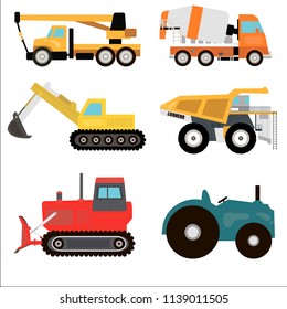 Cartoon transport set. Excavator, crane, tractor, bulldozer, dumper. Vector illustration