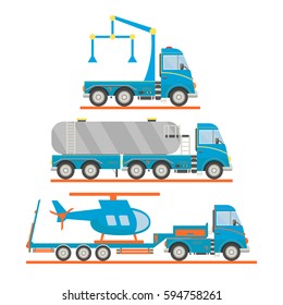Cartoon transport set. Tow truck, tank car, lorry, helicopter. Vector illustration