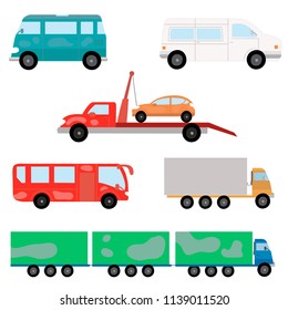 Cartoon transport set. Truck, bus, semi-trailer truck. Vector illustration