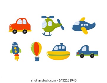cartoon transport toys icon set. cars, boat, helicopter, rocket, balloon and plane isolated on white background. illustration vector.  