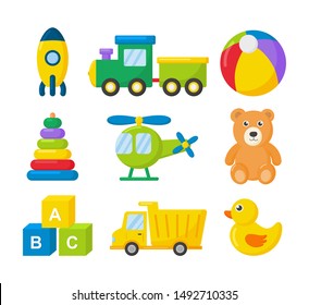 cartoon transport toys icon set. cars, helicopter, rocket, balloon and plane isolated on white background. illustration vector.  