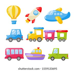 cartoon transport toys icon set. cars, boat, helicopter, rocket, balloon and plane isolated on white background. illustration vector.  