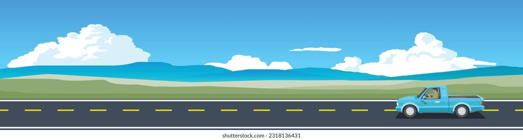 Cartoon Transport für Banner. Abholwagen mit Reisefahrt.  Asphaltstraße in der Nähe der grünen Wiese.  mit Berg unter blauem Himmel und weißen Wolken für Hintergrund.