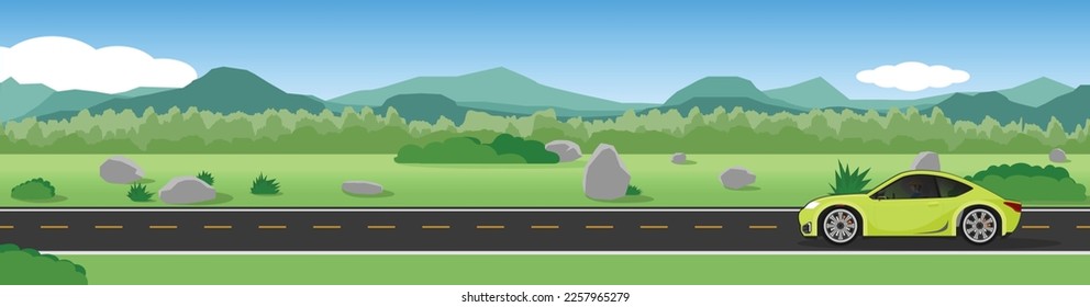 Cartoon transport travel for banner. Sport car with driving for travel.  Asphalt road near the green grass and mountain under clear sky for winter travel. Copy Space Flat Vector.