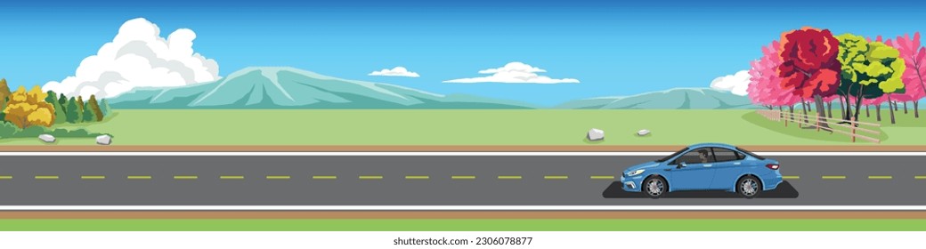 Cartoon transport travel for banner. Sport car with driving for travel.  Asphalt road near the green grass and spring trees. Mountain and blue sky with white clouds. Copy Space Flat Vector.