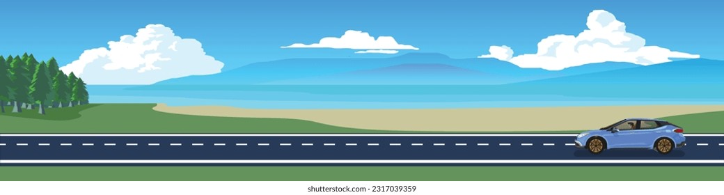 Cartoon transport travel for banner. Sport car with driving for travel.  Asphalt road near the green grass and trees. Travel on sea beach with island under blue sky and white clouds for background.