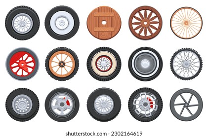 Cartoon transport wheel. Sport car tires, vintage wooden cart, old train and bicycle wheels vector elements set of cartoon wheel vehicle illustration