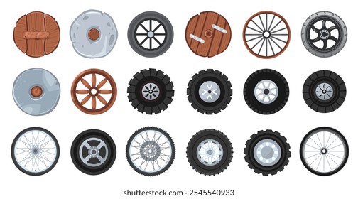 Cartoon transport wheel. Vintage and modern car tire with rim, vehicle transport circle icons, flat automobile transport wheel different views. Vector set.