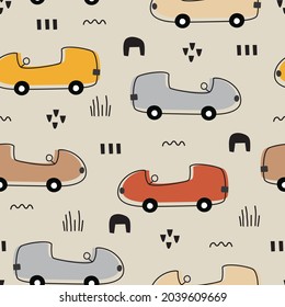 Cartoon transportation background for children seamless pattern vector with toy car Children's style hand-drawn design Used for printing, wallpaper, clothing, textiles.