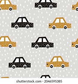 Cartoon transportation background for children seamless pattern with cars with snow Hand drawn design in children's style. Used for printing, wallpaper, decoration, textiles. vector illustration