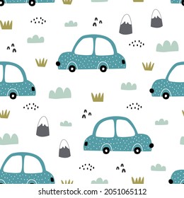 Cartoon transportation background for children Seamless Vector Pattern Cars With clump of grass Children's style hand-drawn design Used for printing, wallpaper, garments, textiles.