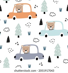 Cartoon transportation background for children Seamless Pattern Vector With Cars With tree cartoon style hand drawn design Used for prints, wallpaper, garments, textiles